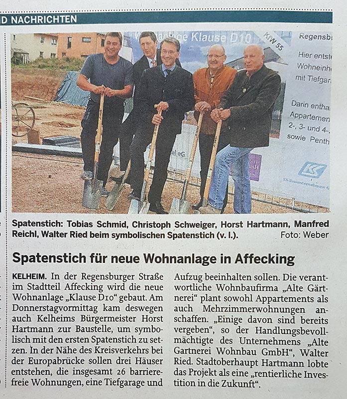 Presseartikel zum Spatenstich für die neue Wohnanlage KlauseD10 in Affecking