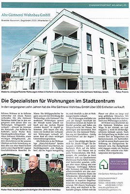Sonderbeilage Witschaftszeitung vom Mittelbayerischen Verlag Stadtortporträt Alte Gärtnerei Wohnbau GmbH